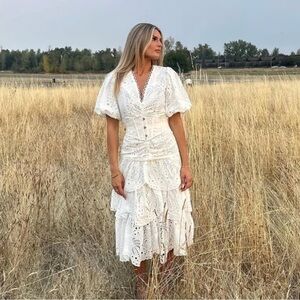 FARM Rio White Cotton Eyelet Puff Sleeve Midi Dress